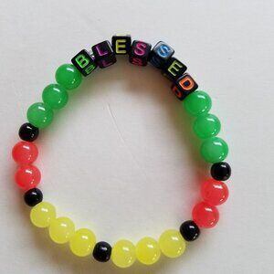 Hand Crafted Stretch Bracelet "Blessed" Medium Size Vibrant Glass Beads